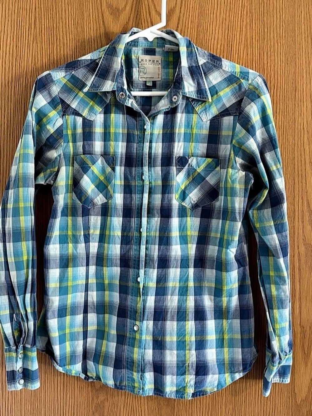 Roper Shirt Men’s S Pearl Snap Western Long Sleeve Blue Green Plaid Button Cuff